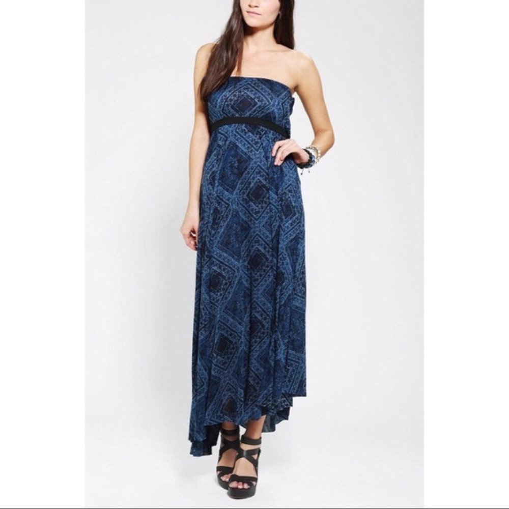 Urban Outfitters Ecote Blue Strapless Asymmetric Hem Maxi Dress